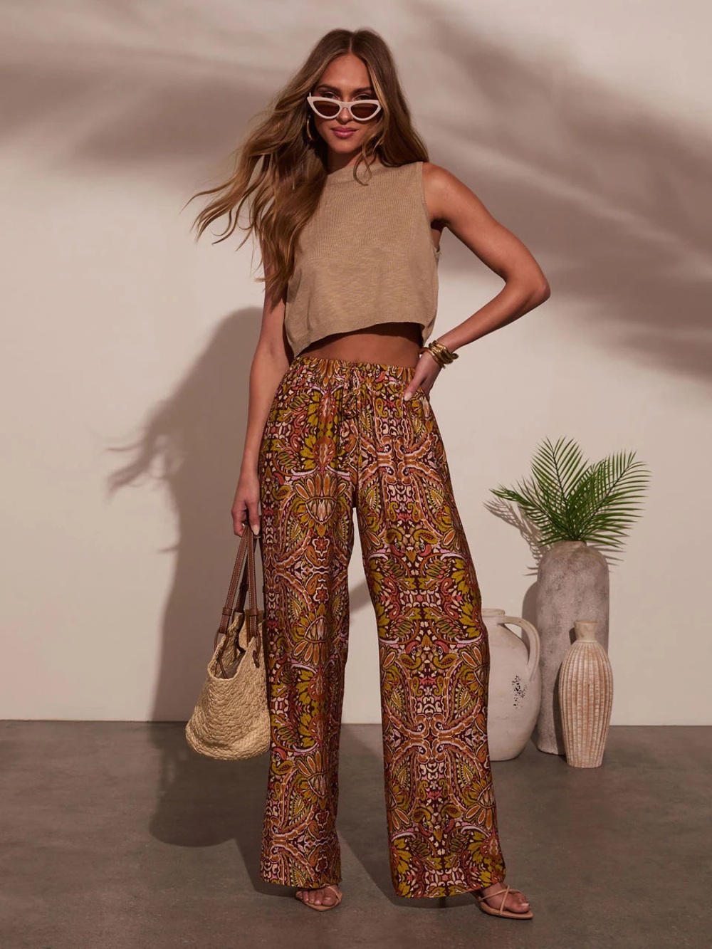 Vici Brown Multi Paisley Boot Cut Palazzo Pants